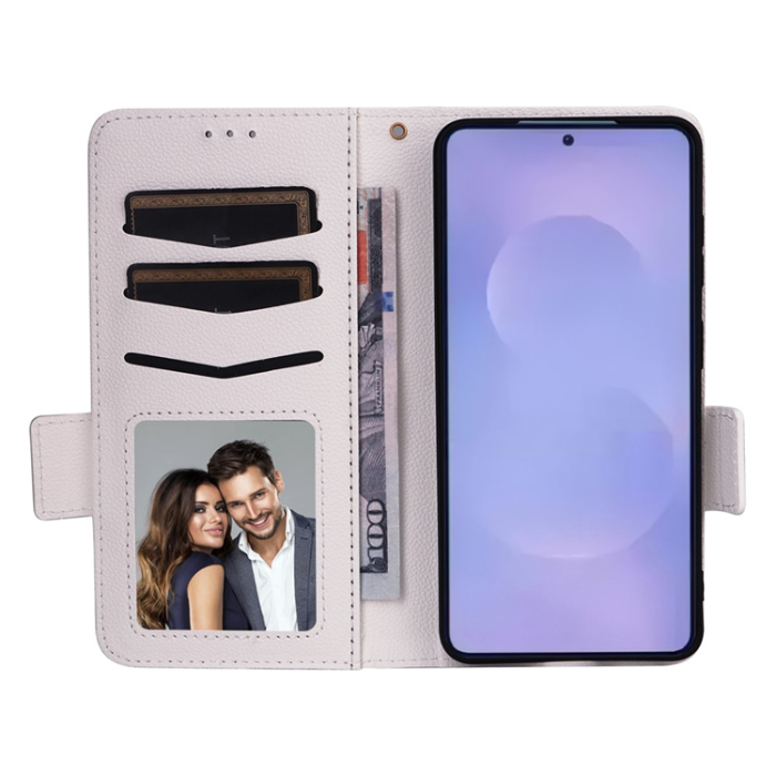 A-One Brand - Galaxy S26/S26 Pro Plånboksfodral Litchi Läder med Rem - Vit