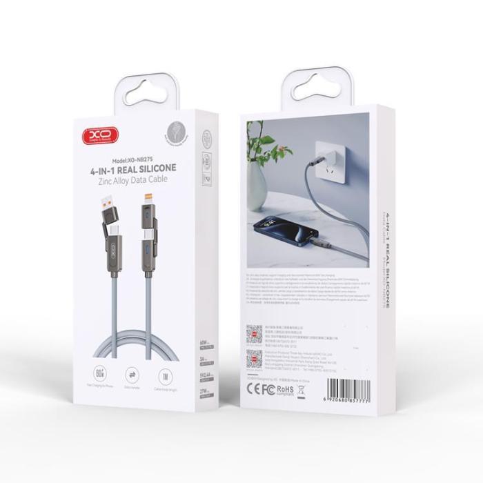 XO - XO 4in1 USB-C/USB/Lightning/Typ-C 60W 1m NB275 - Grå
