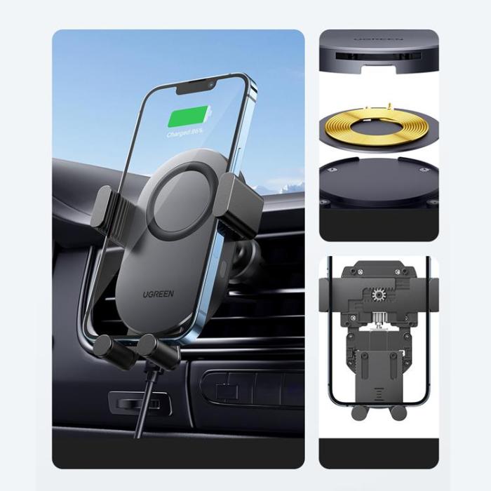 Ugreen - Ugreen Mobilhållare Ventgaller/Qi Trådlös Laddare 15W - Svart