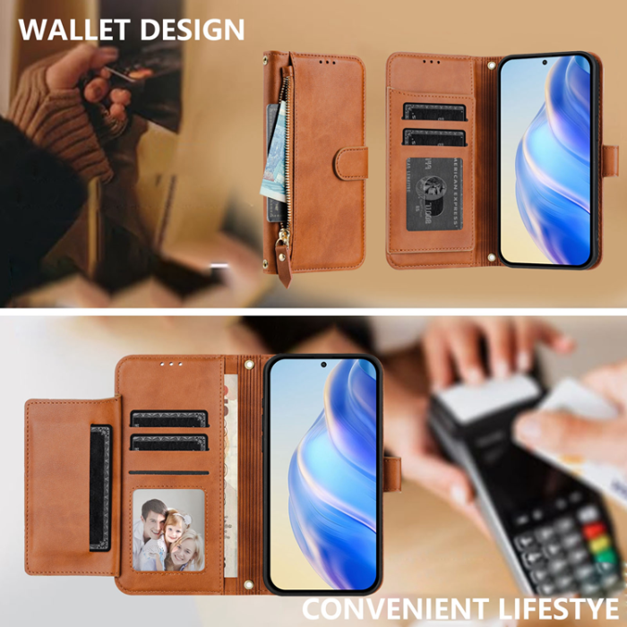 A-One Brand - iPhone 17 Pro Plånboksfodral Zipper Pocket Läder - Brun