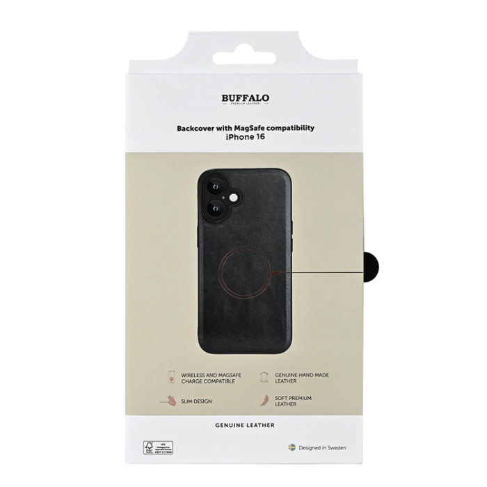 BUFFALO - BUFFALO äkta läder iPhone 16 Mobilskal MagSafe Läder - Svart