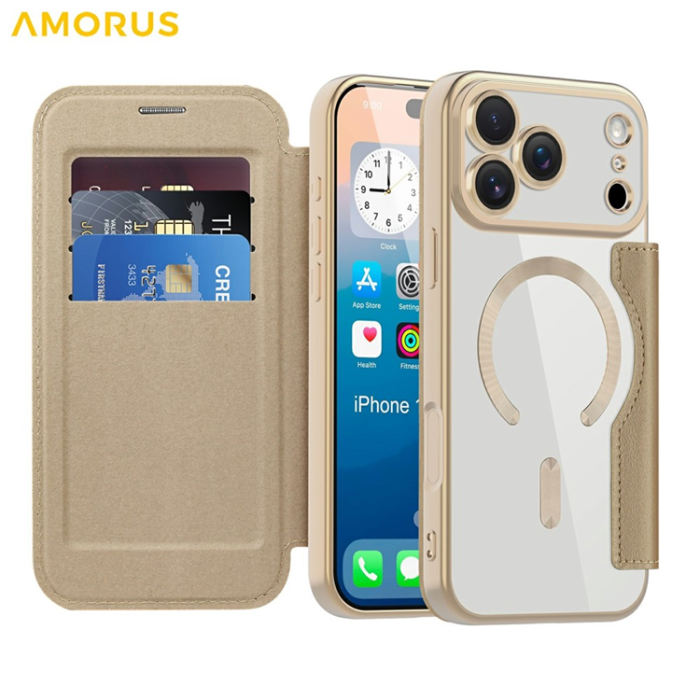 Amorus - AMORUS iPhone 17 Pro Max Plånboksfodral MagSafe RFID Blocking - Guld