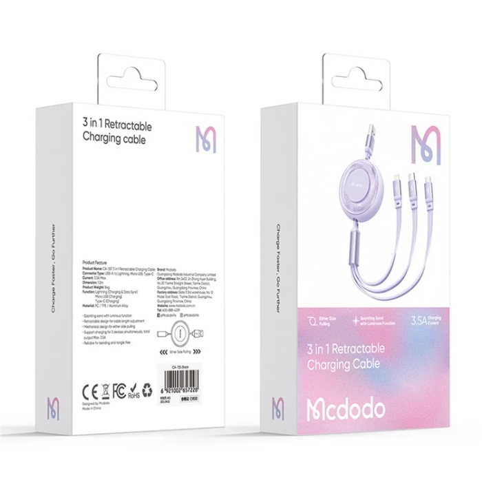 MCDODO - MCDODO Retractable 3in1 USB/USB-C/MicroUSB/Lightning Kabel 1M