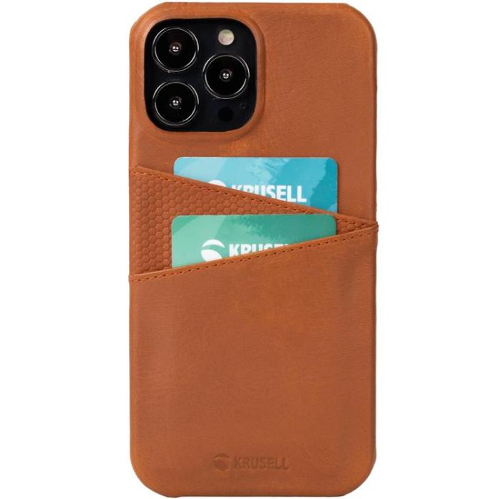 UTGATT - Krusell iPhone 13 Pro Skal Korthållare Äkta Läder - Cognac