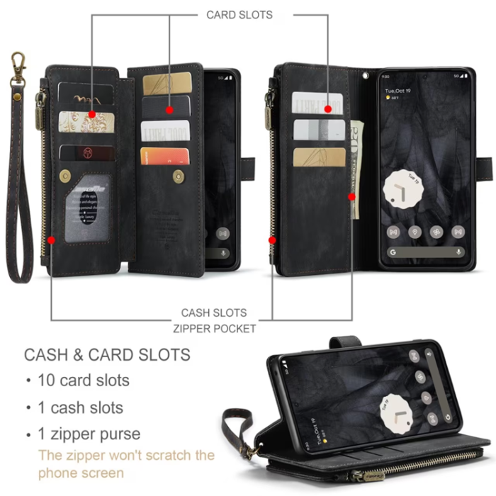 Caseme - Caseme Google Pixel 8 Pro Plånboksfodral Zipper - Svart