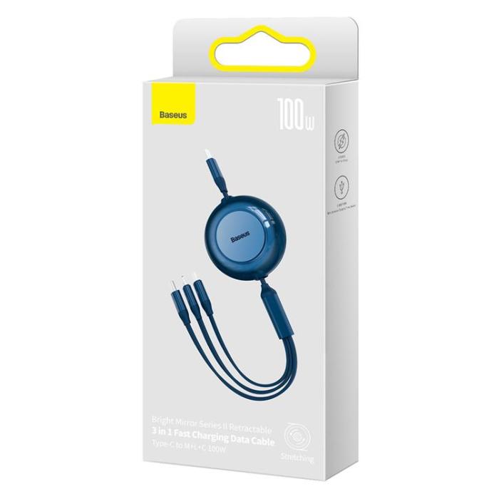 UTGATT1 - Baseus Retractable 3in1 microUSB Typ-C Lightning Kabel 1.1m - Blå