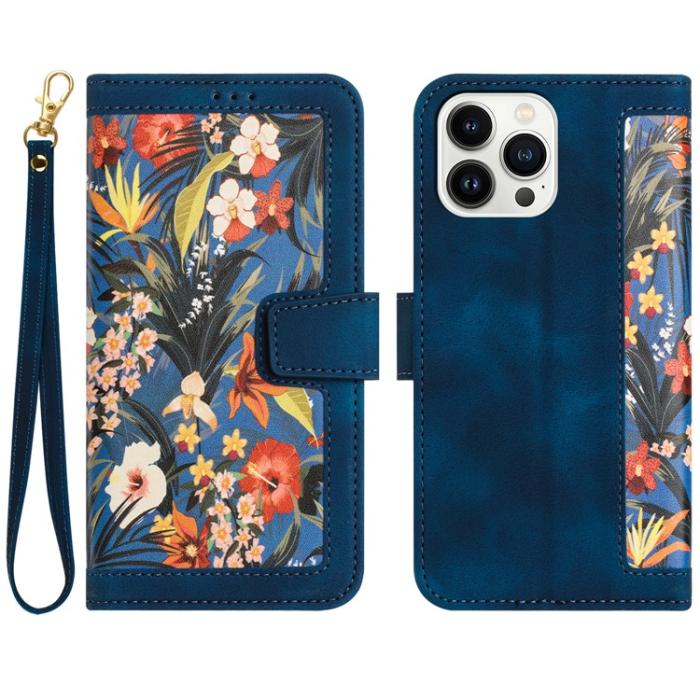 OEM - iPhone 15 Pro Plånboksfodral Flower Pattern - Mörkblå