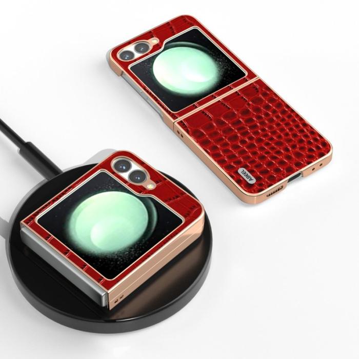 ABEEL - ABEEL Z Flip7 FE 5G Mobilskal Electroplating Röd Äkta Läder