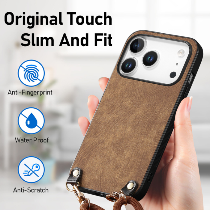 A-One Brand - Mobilskal till iPhone 17 Pro med Justerbar Rem Retro Läder - Brun