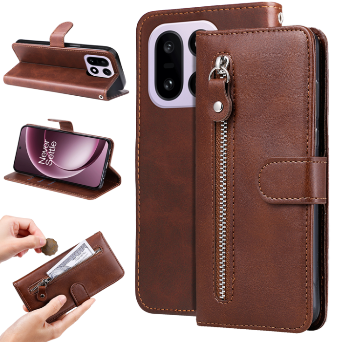 A-One Brand - OnePlus 15 5G Plånboksfodral Zipper Pocket PU Läder - Brun