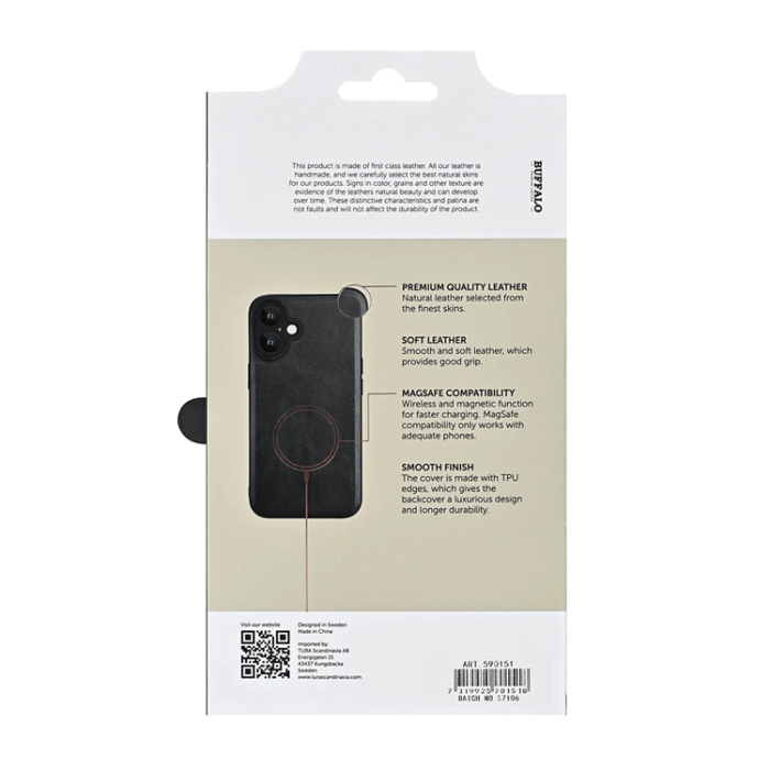 BUFFALO - BUFFALO äkta läder iPhone 16 Mobilskal MagSafe Läder - Svart