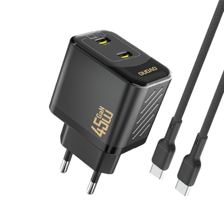 Dudao Väggladdare A28PCEU PD 45W GaN 2xUSB-C med USB-C Kabel 1m - Svart | 505295 | AlltMobil