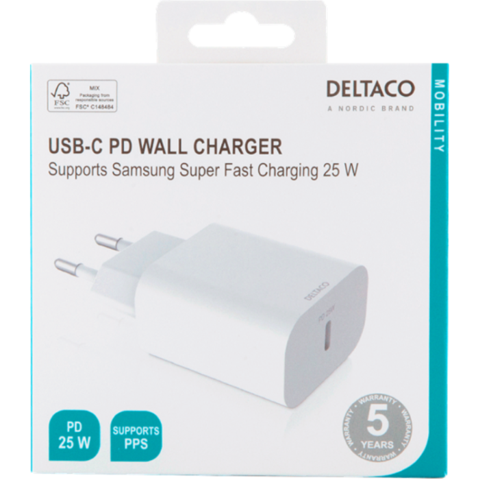 UTGATT1 - Deltaco Fast Väggladdare USB-C 25 W- Vit