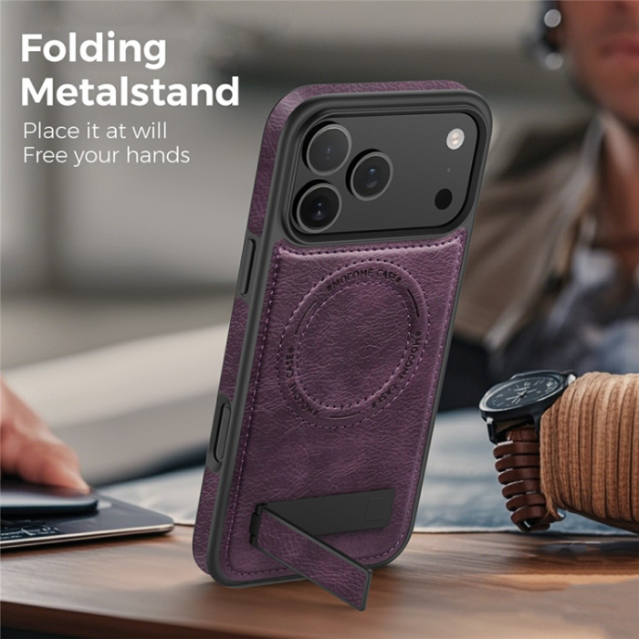 A-One Brand - iPhone 17 Pro Max Mobilskal MagSafe Kickstand Läder - Mörklila