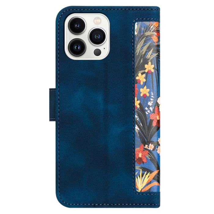 OEM - iPhone 15 Pro Plånboksfodral Flower Pattern - Mörkblå