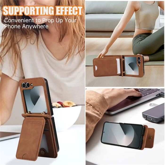 A-One Brand - Galaxy Z Flip7 Plånboksfodral Kickstand med Axelrem - Brun
