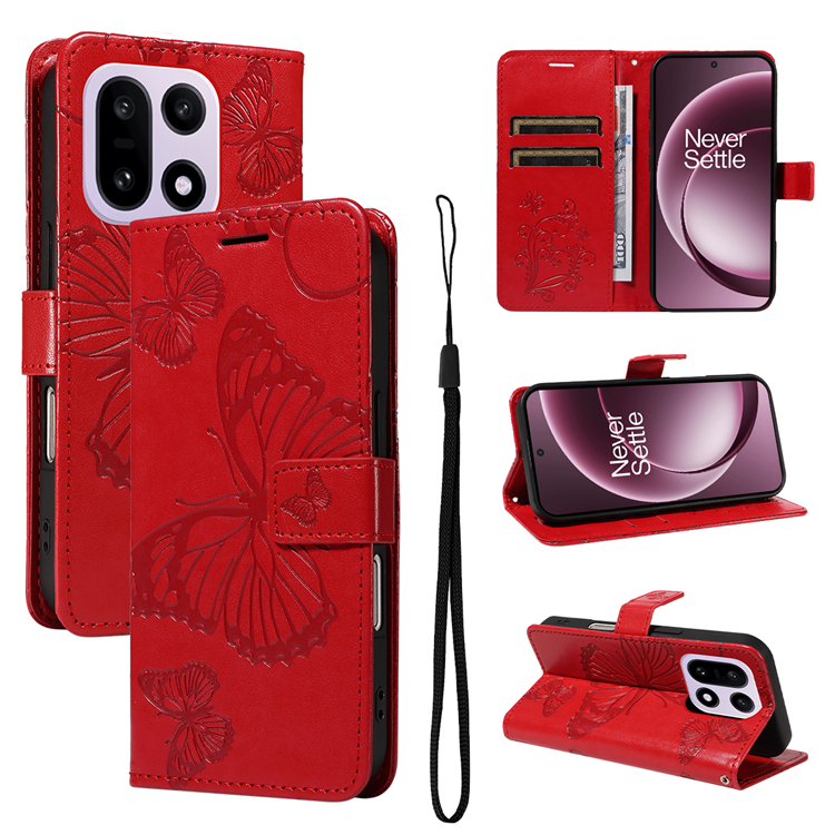 OnePlus 15 5G Konstläder Plånboksfodral Floral Butterfly Imprinted (Röd) | 2353 | AlltMobil