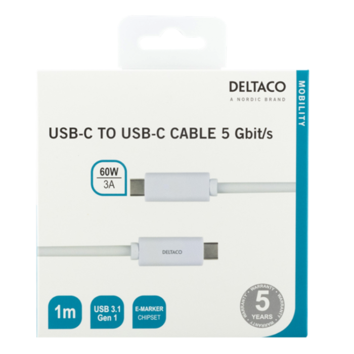 UTGATT1 - Deltaco Gen USB-C till USB-C Kabel 1m - Vit