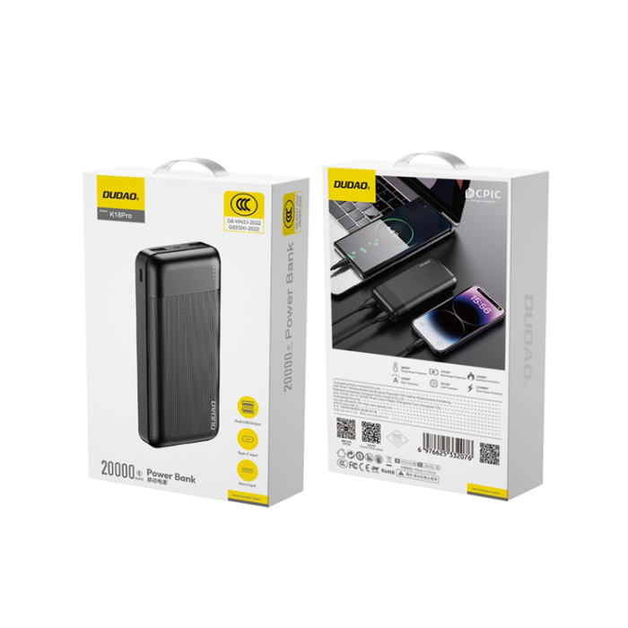 Dudao - Dudao Powerbank 20000 mAh USB-A/USB-C/Micro USB Portar - Svart