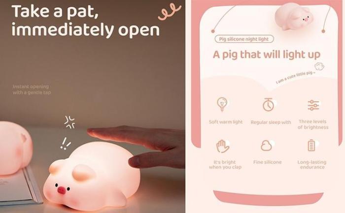 OEM - LED Nattlampa Tryck Pig Art Deco - Rosa