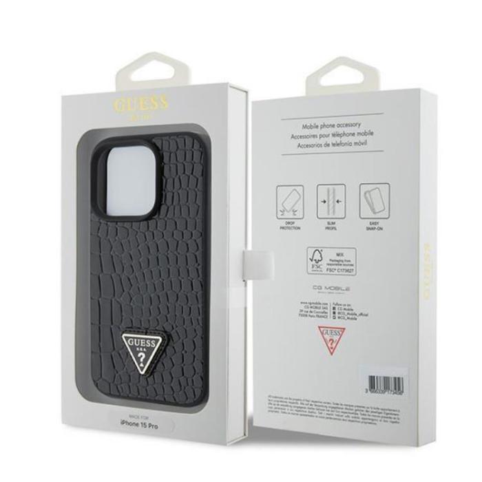 Guess - Guess iPhone 15 Pro Mobilskal Croco Triangle Metal Logo - Svart