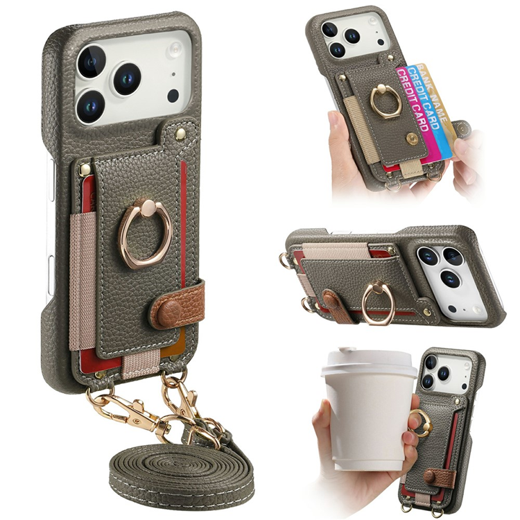 iPhone 17 Pro Mobilskal med Korthållare Ring Kickstand - Grå (Grå) | 2353 | AlltMobil