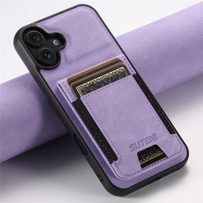 SUTENI - SUTENI iPhone 16 Mobilskal Korthållare Litchi Läder - Lila