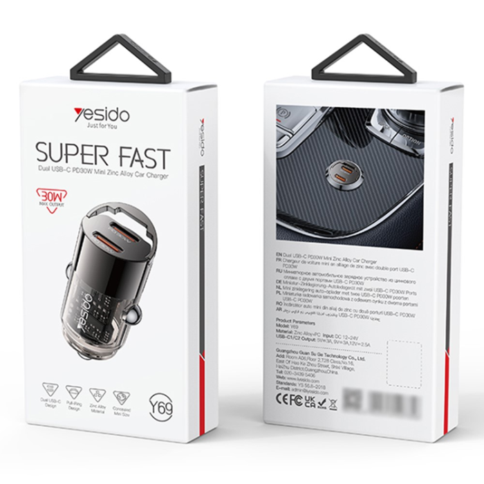 Yesido - YESIDO Billaddare 2x USB-C 30W Y69 PD Fast - Svart