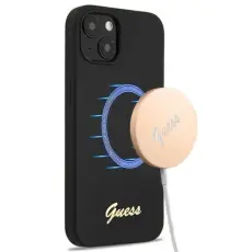 Guess - Guess iPhone 13 Skal Magsafe Silicone Script Guld Logo - Svart