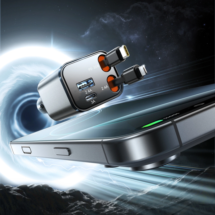 Joyroom - Joyroom 4in1 Billaddare 30W USB-A/USB-C Infällbar Kabel Mörkgrå