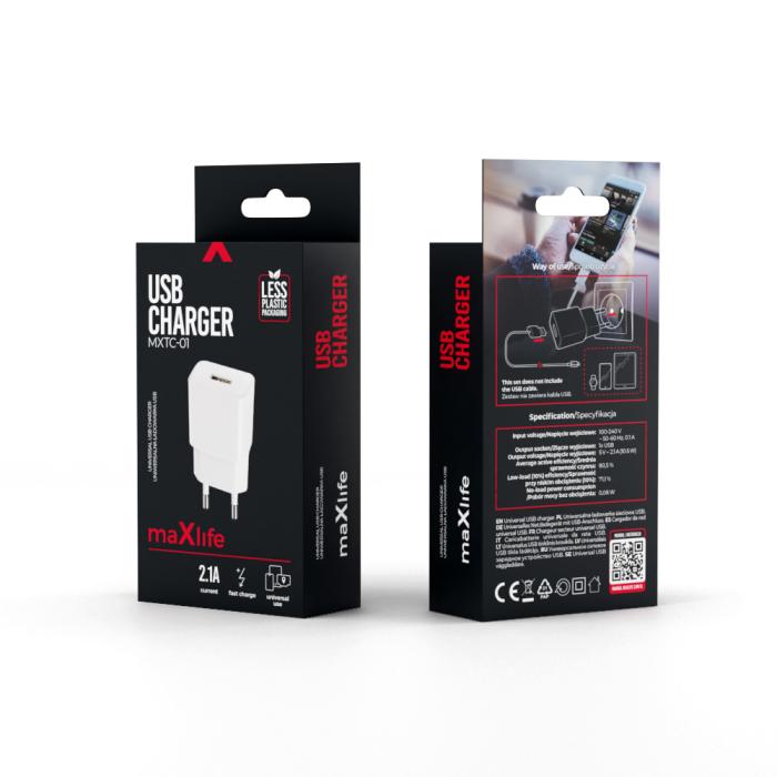 Maxlife - Maxlife Väggladdare 1x USB 2.1A MXTC-01 - Vit