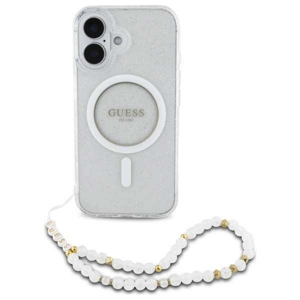 Guess iPhone 16 Plus Mobilskal MagSafe IML Glitter Med Strap - Clear | 2353 | AlltMobil