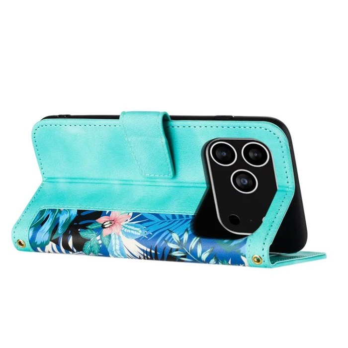 A-One Brand - iPhone 17 Pro Plånboksfodral Floral Konstläder - Grön