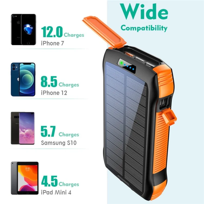 A-One Brand - Powerbank 20000mAh 3x USB/1x USB-C Solar Trådlös laddning