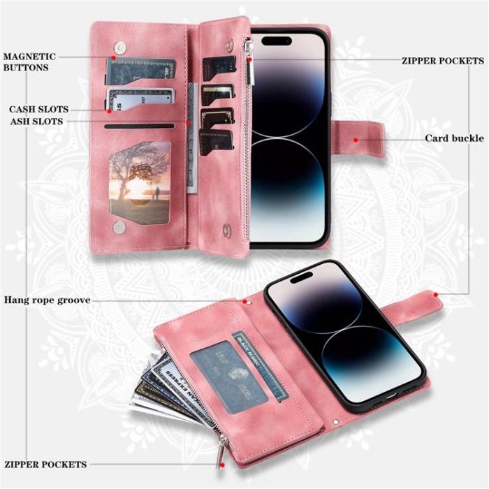 A-One Brand - iPhone 15 Pro Plånboksfodral Mandala Flower Imprinted - Rosa Guld