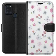 Gustaf - Pl&aring;nboksfodral till Samsung Galaxy A21s med Blommor och fj&auml;rillar
