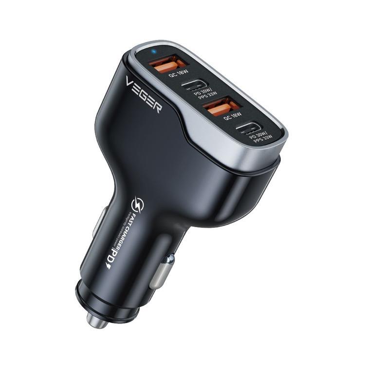 VEGER Billaddare 66W 2xUSB-A 2xUSB-C 3A CC53-2A2C - Svart | 505295 | AlltMobil