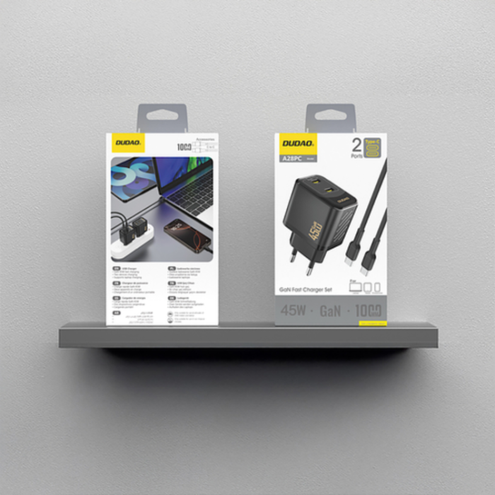 Dudao - Dudao Väggladdare A28PCEU PD 45W GaN 2xUSB-C med USB-C Kabel 1m - Svart