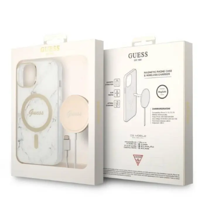 UTGATT1 - GUESS iPhone 14 Magsafe Skal Marble + Trådlös Laddare - Vit