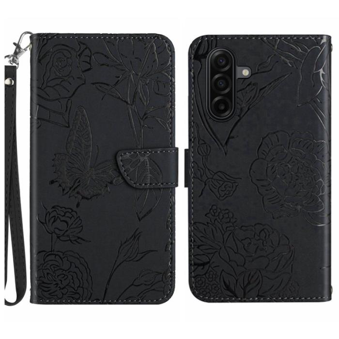 OEM - Samsung Galaxy S26 Skal med Handledsrem Fjäril Blomma Äkta Läder - Svart