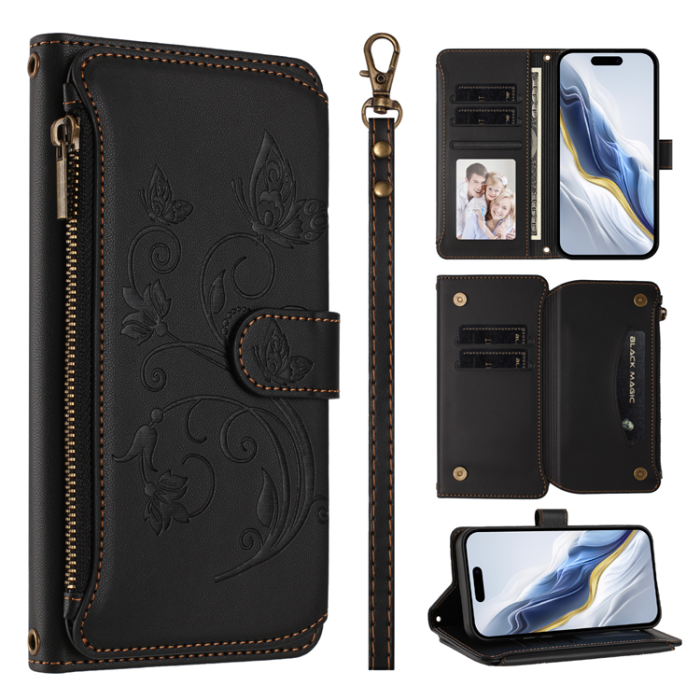 A-One Brand - iPhone 17 Pro Max Plånboksfodral Butterfly Floral Imprint - Svart