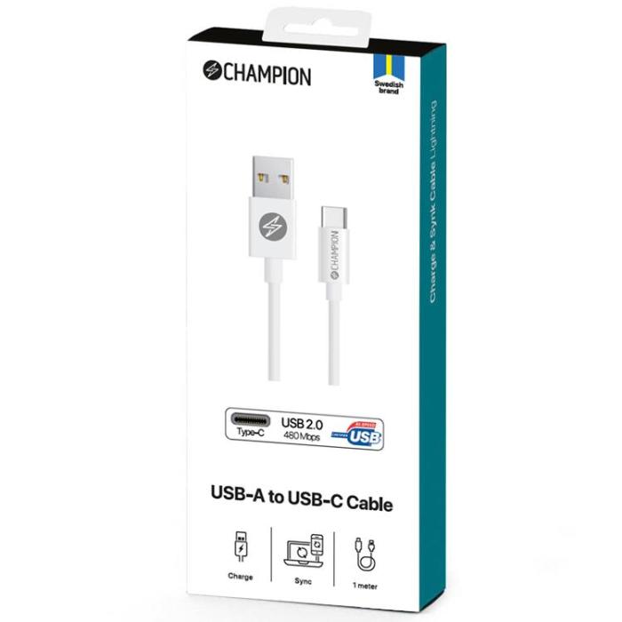 Champion - CHAMPION USB-C till USB-A kabel 2m - Vit