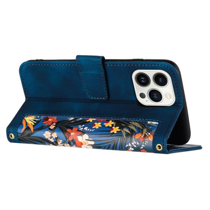 OEM - iPhone 15 Pro Plånboksfodral Flower Pattern - Mörkblå