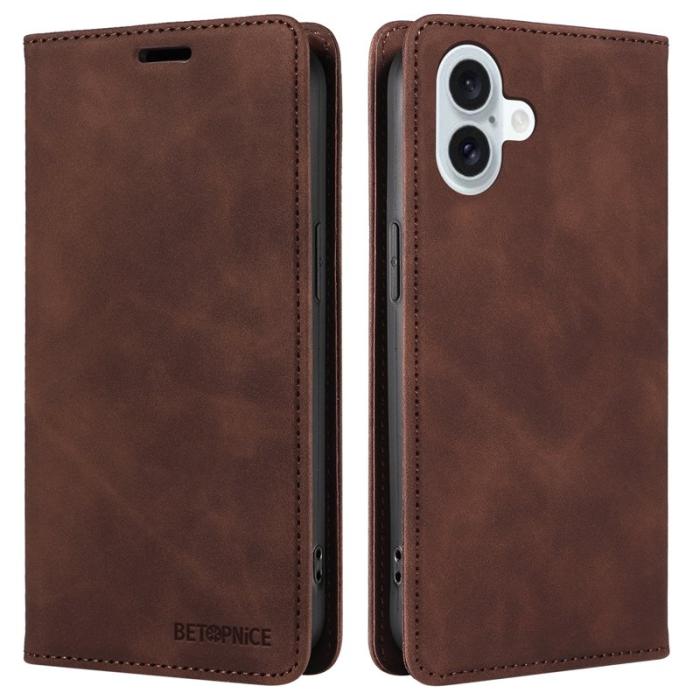 BETOPNICE - BETOPNICE 003 iPhone 16 Plus Plånboksfodral RFID Blocking Konstläder - Brun