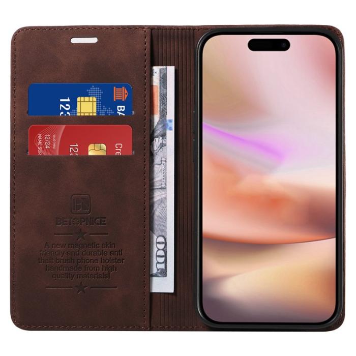 BETOPNICE - BETOPNICE 003 iPhone 16 Plus Plånboksfodral RFID Blocking Konstläder - Brun
