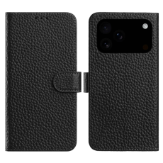 A-One Brand - iPhone 17 Pro Plånboksfodral Äkta Läder Litchi Flip - Svart