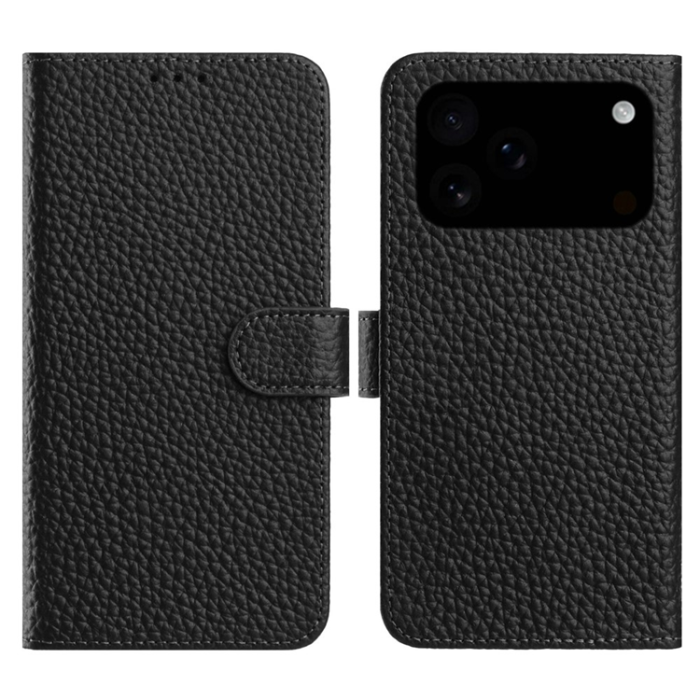 A-One Brand - iPhone 17 Pro Plånboksfodral Äkta Läder Litchi Flip - Svart