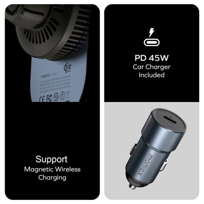 MOMAX - MOMAX Qi2 Bilmontering MagSafe 25W Trådlös Laddare 1-Move Q.Mag