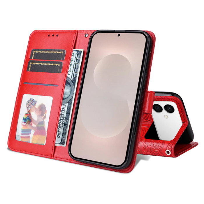 A-One Brand - Galaxy S26 Edge Plånboksfodral Sunflower Imprint Läder - Röd