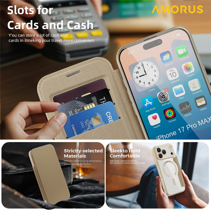 Amorus - AMORUS iPhone 17 Pro Max Plånboksfodral MagSafe RFID Blocking - Guld